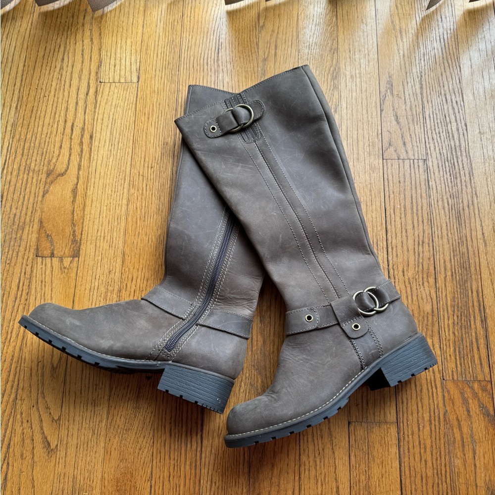Clarks Tall Leather Riding Boots Taupe Beige Brown